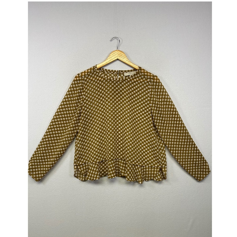 LOFT Boho Geometric Polka Dot Womens MP Mustard Yellow Peplum Ruffle Blouse